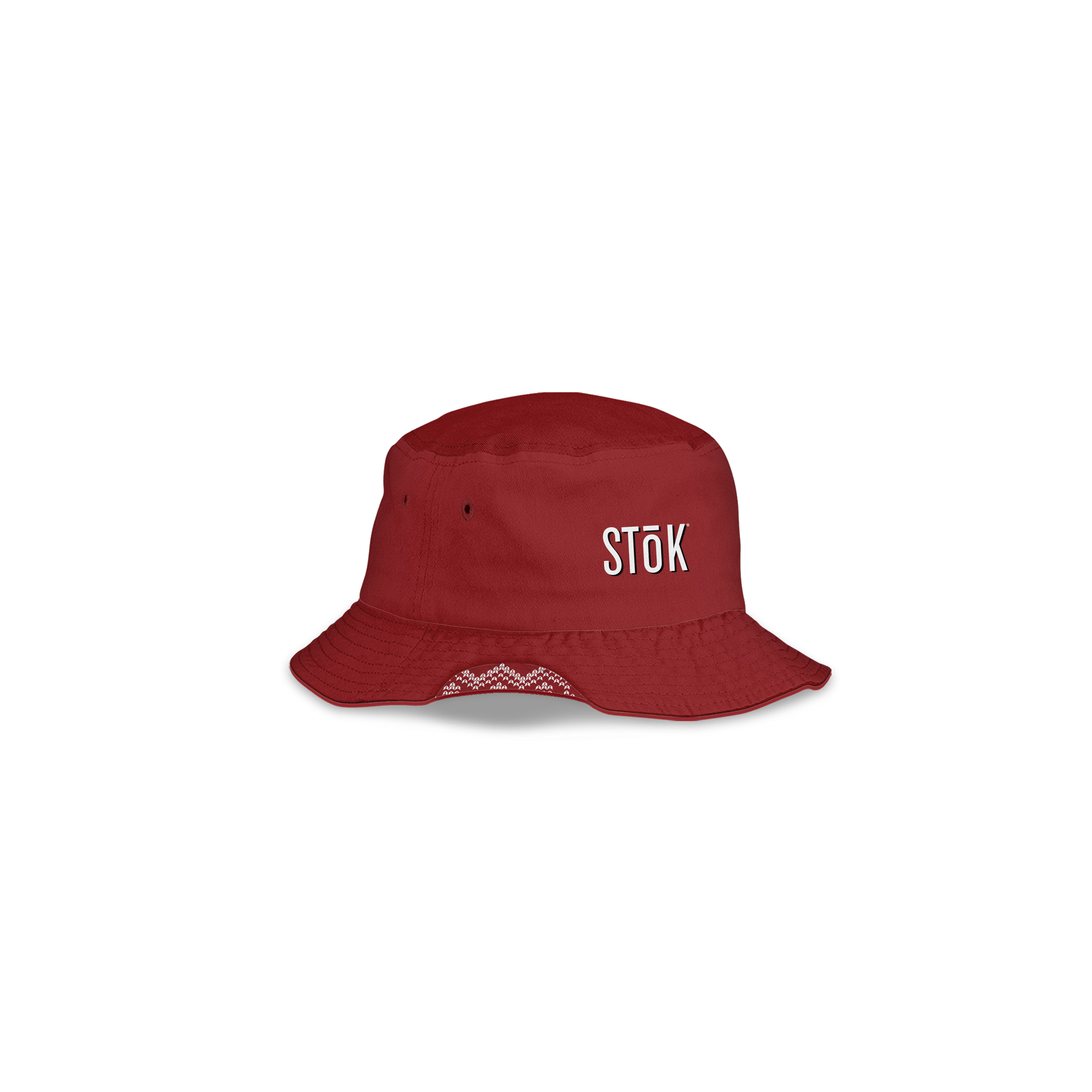 A red bucket hat featuring the Stōk logo in white lettering on the front. The image hints at the other side of the bucket hat resembling a festive, winter theme.