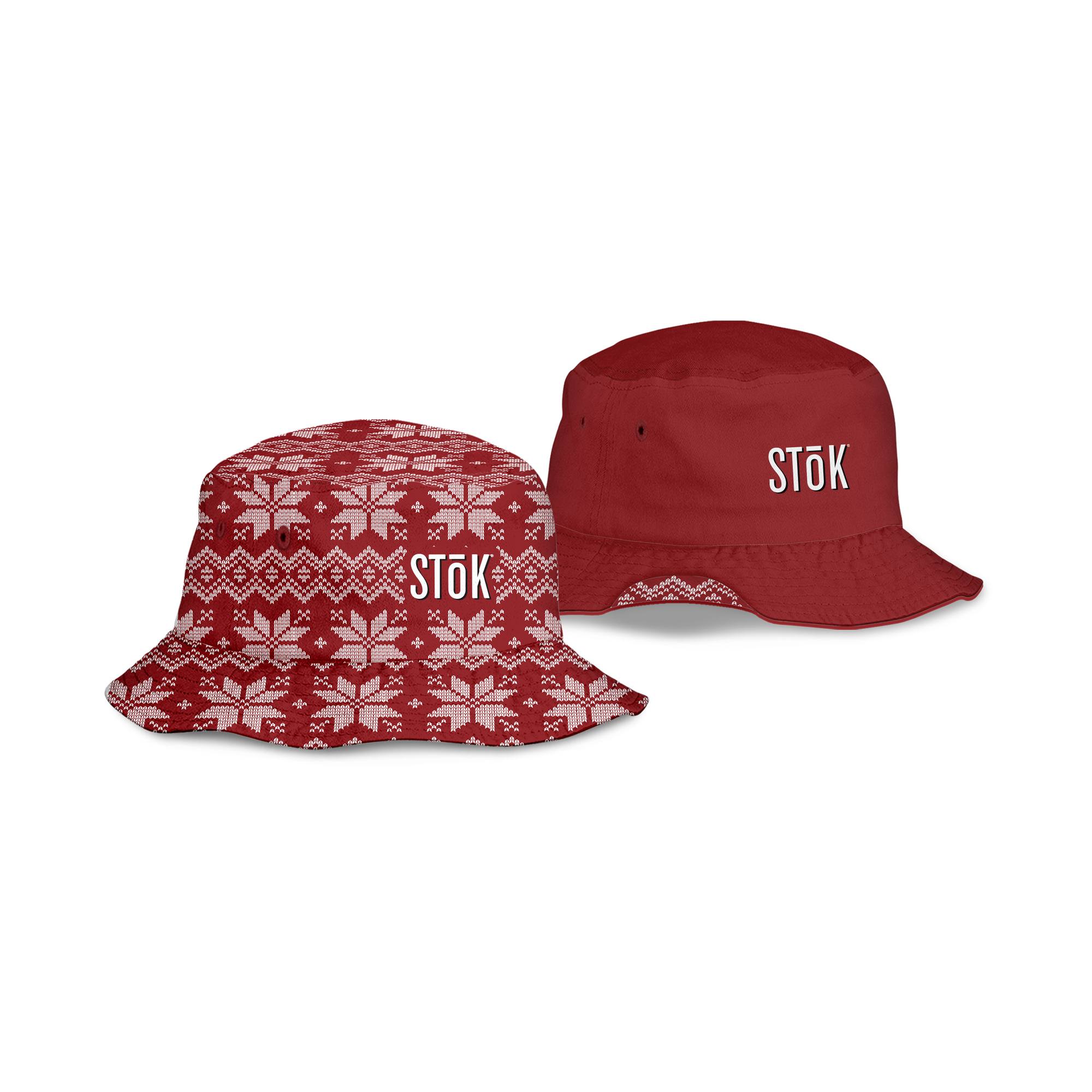 The image shows both sides of the reversible bucket hat. The one red side  featuring the Stōk logo in white lettering on the front. The other shows the alternate reversible side of the red bucket hat with a festive, knitted pattern design featuring white snowflakes and geometric shapes throughout. The Stōk logo is displayed in white on the front of the hat, maintaining a clean and simple contrast against the intricate design.