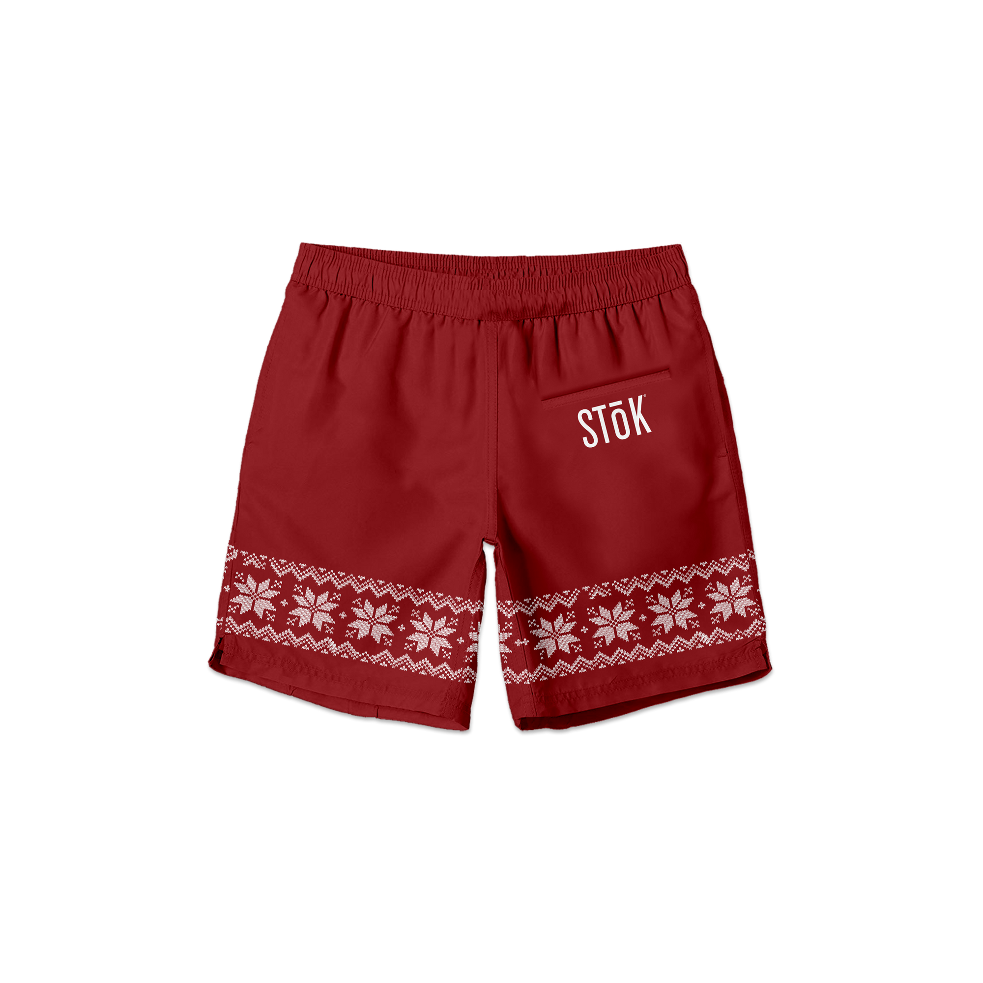 The front of red swim trunks with a strip of knitted pattern design featuring white snowflakes and geometric shapes across the bottom of the legs. The Stōk logo is displayed in white on the pocket on the right leg.