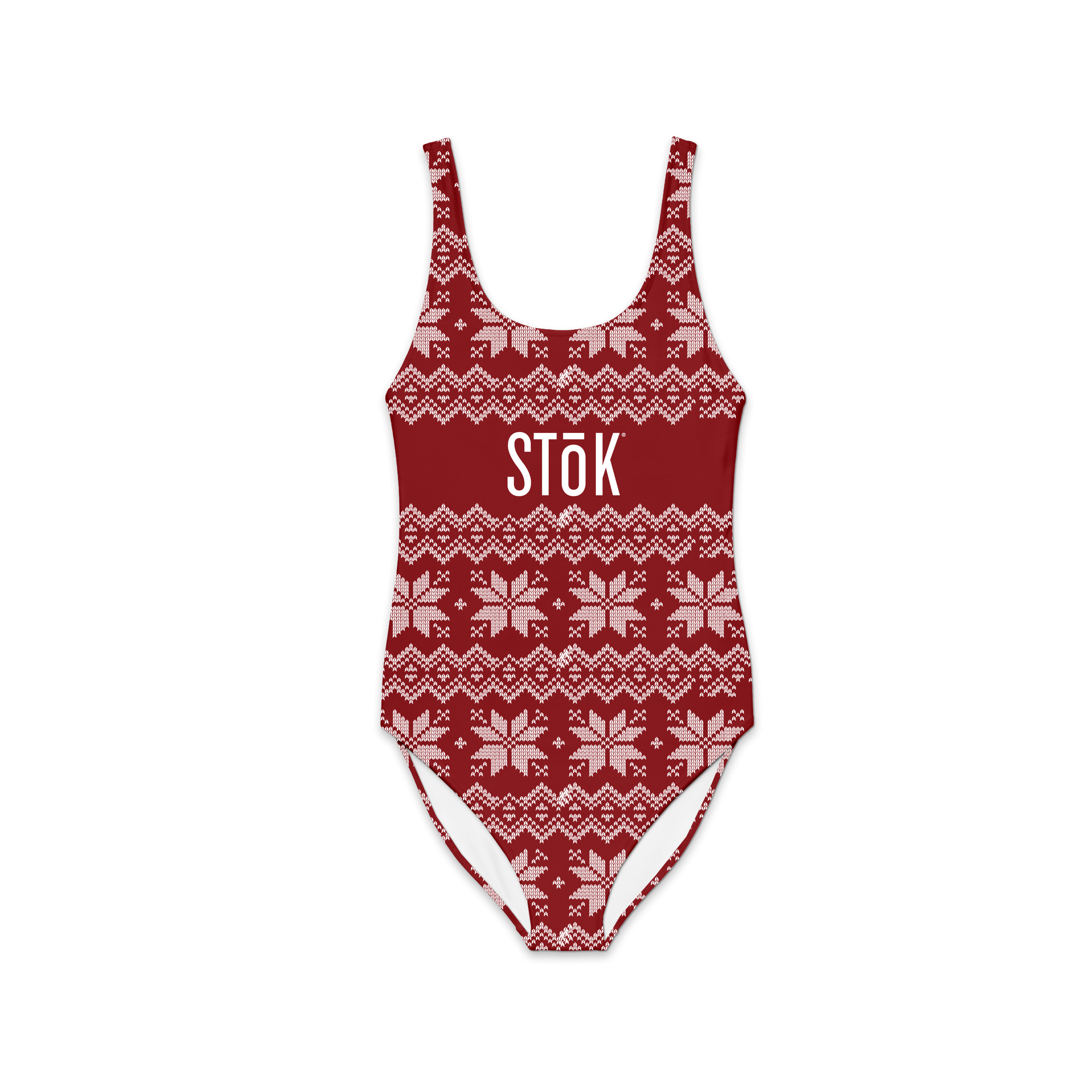 The front of a red one piece swimsuit with a knitted pattern design featuring white snowflakes and geometric shapes throughout. The Stōk logo is displayed in white on the front across the chest, maintaining a clean and simple contrast against the intricate design.