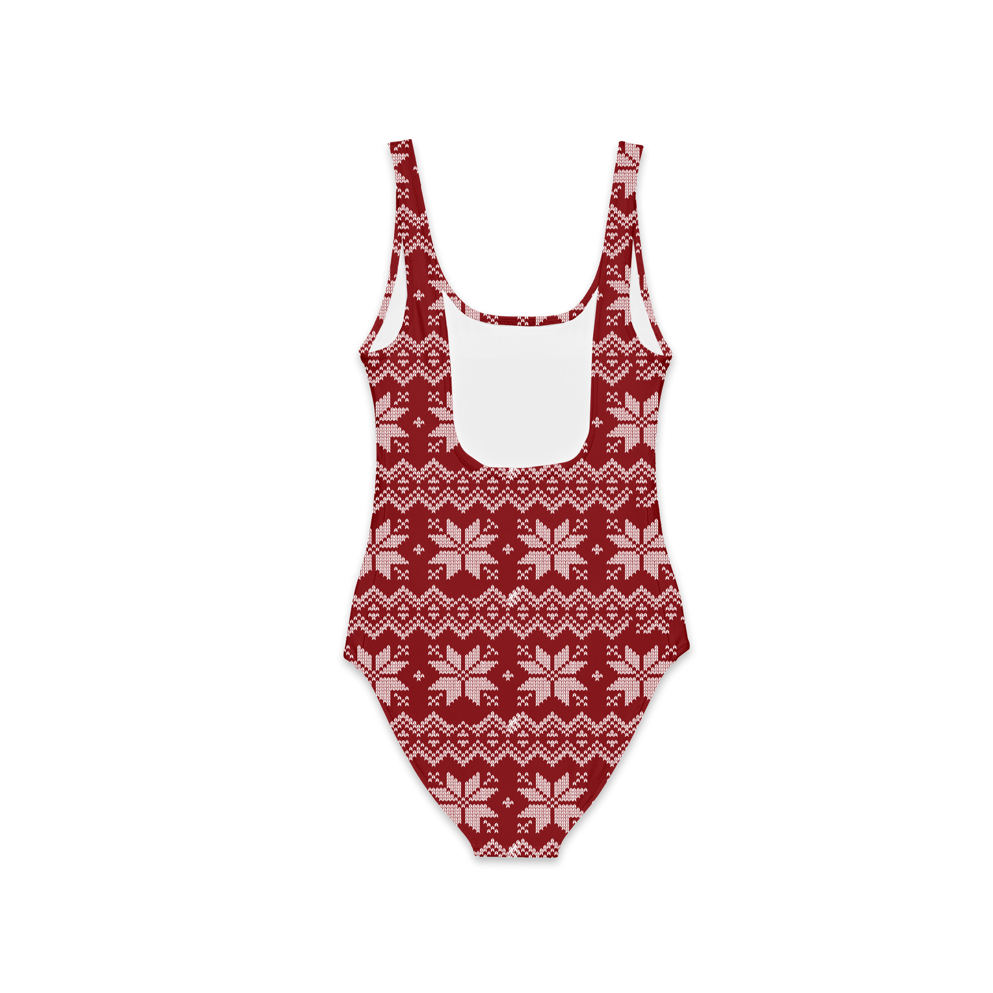 The back of a red one piece swimsuit with a knitted pattern design featuring white snowflakes and geometric shapes throughout.